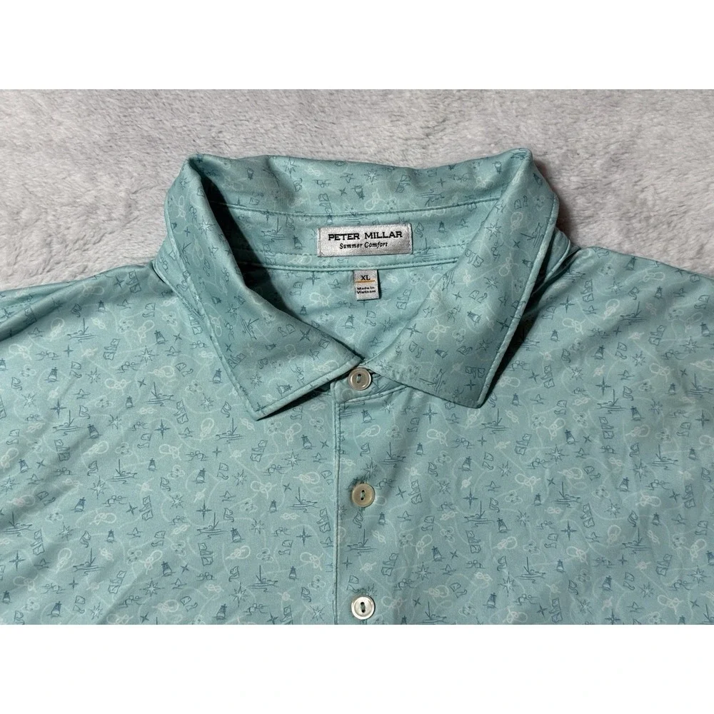 Peter Millar Summer Comfort Mens XL Polo Shirt Turquoise Geometric‎ Print Logo